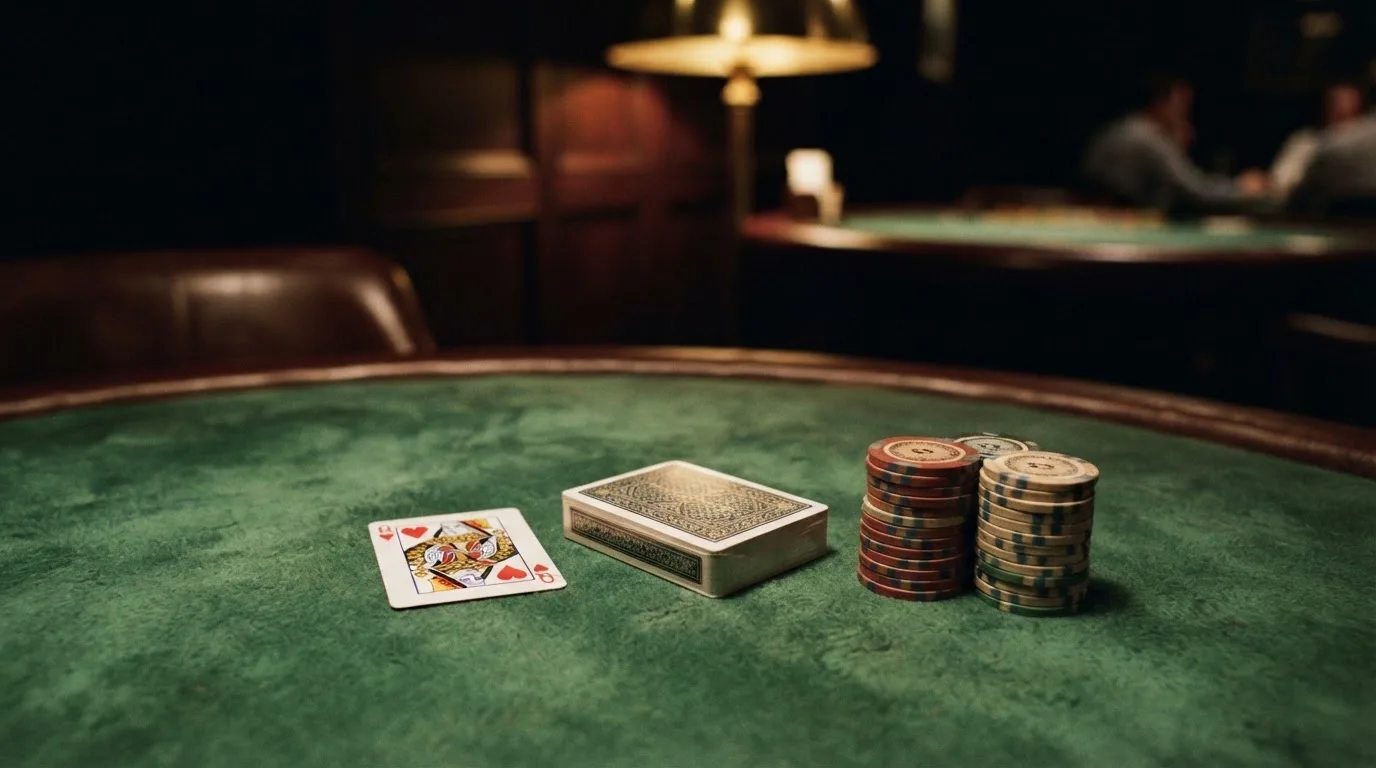 Kortlek och staplar av spelmarker på ett grönt filtbord i en dunkel salong, varmt lampsken — 10 euro casino i sverige