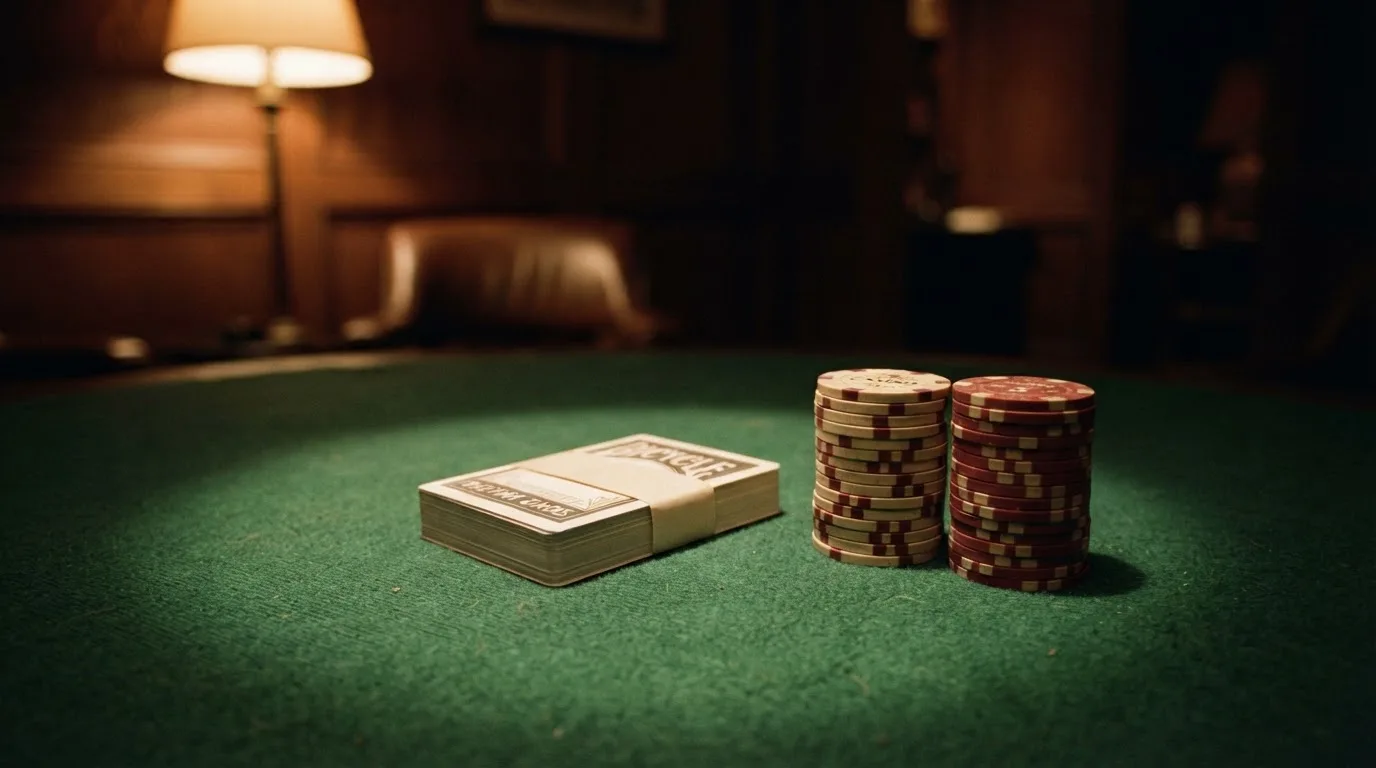 Kortlek och staplar av spelmarker på ett grönt filtbord i en dunkel salong, varmt lampsken — 10 free spins casino i sverige