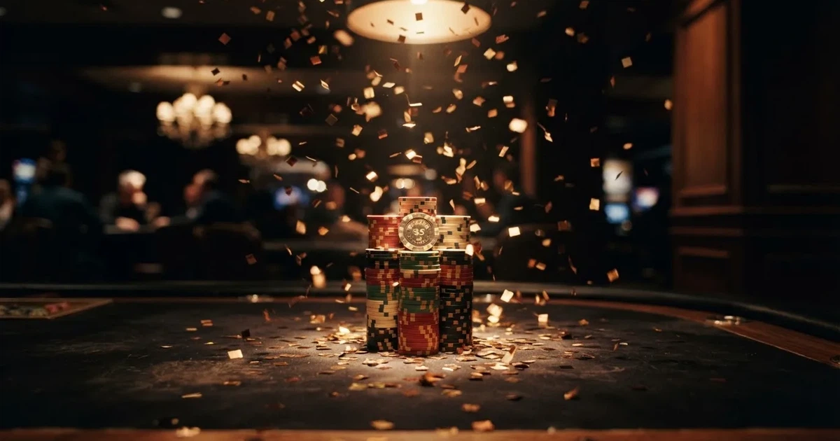 Guldkonfetti faller över spelmarker på ett svart bord, en ljuskägla träffar högens topp — 10 free spins casino i sverige