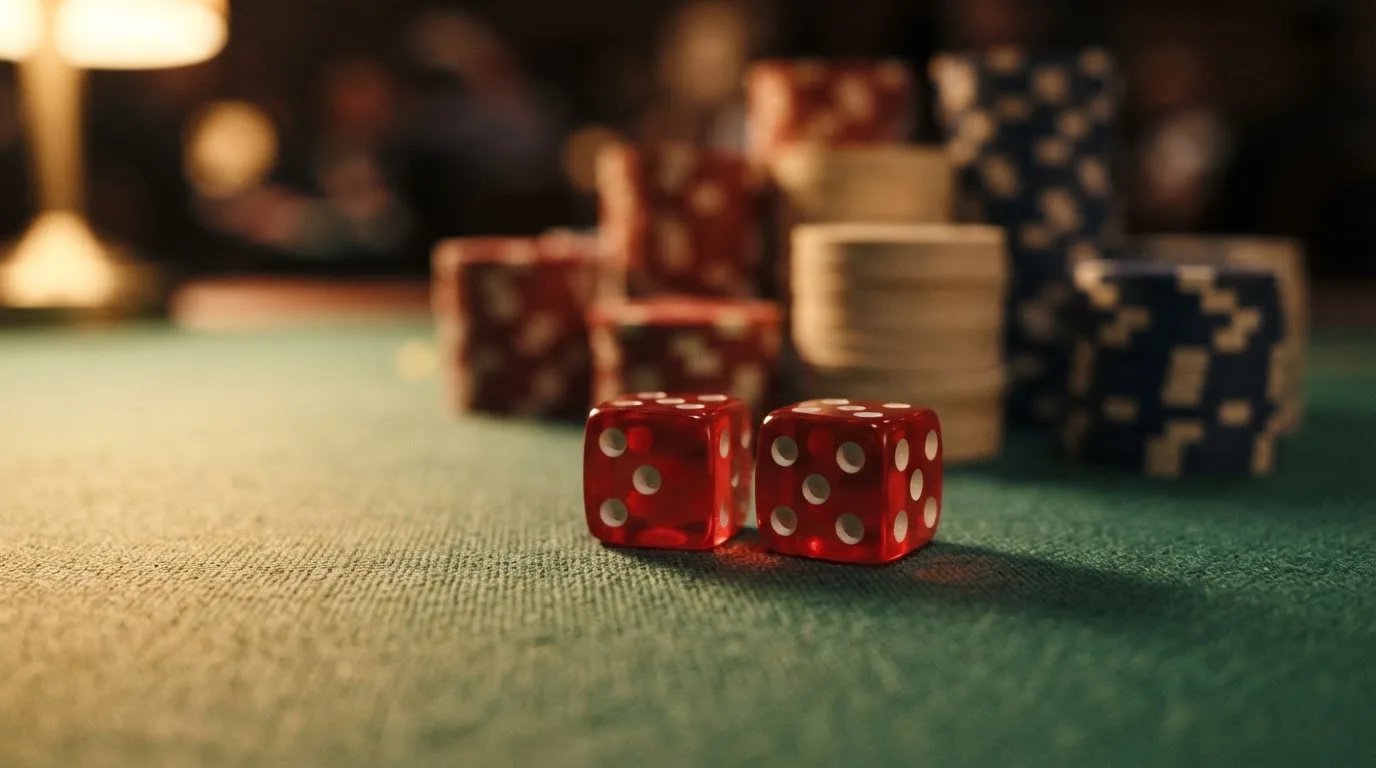 Röda tärningar vilar på grönt filt, bakom dem suddiga torn av spelmarker i kvällsdunklet — 10 kr casino i sverige