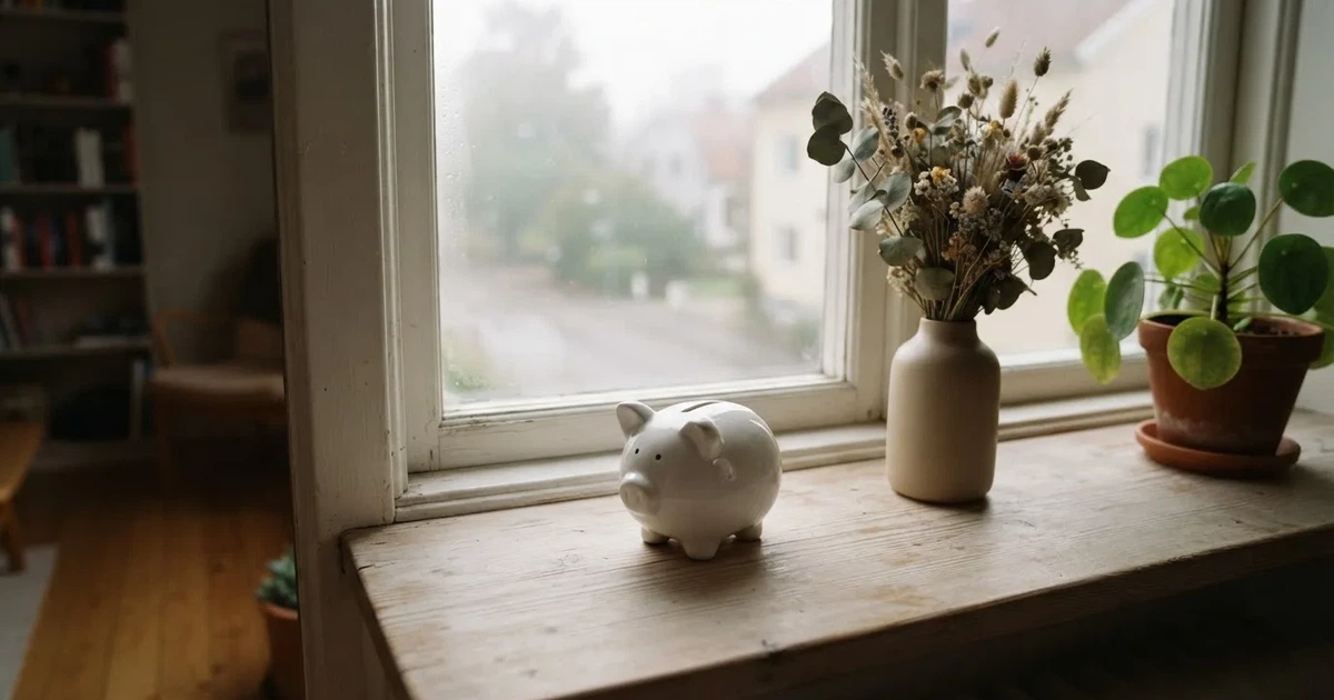 En porslinsgris på fönsterbrädan i morgonljus, bredvid en torkad blombukett och en grön växt — 10 kr casino i sverige