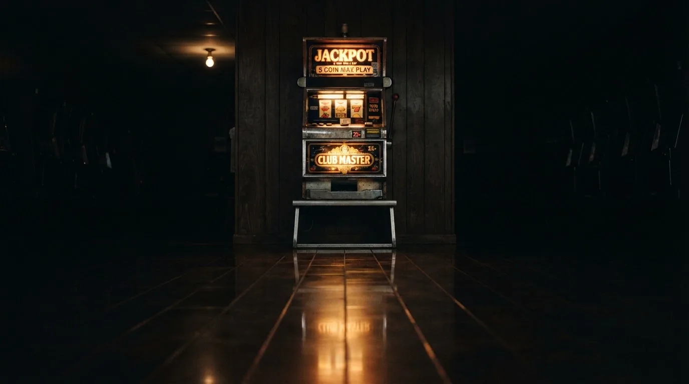En gammal spelautomat lyser i den dunkla hallen och speglar sig i golvet — 100 free spins casino i sverige