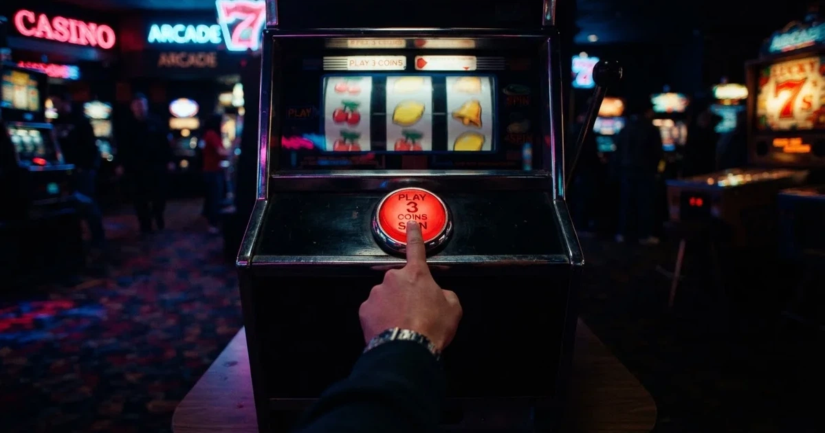 Ett finger trycker på spelautomatens klarröda knapp i dunklet, neonljus lyser runt omkring — 100 free spins casino i sverige