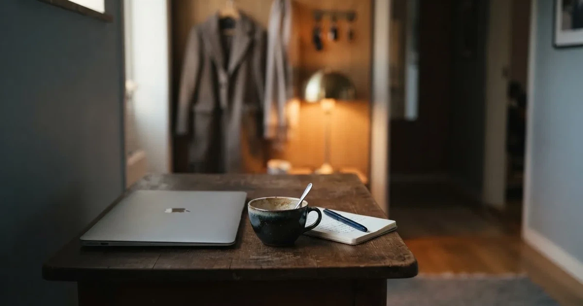 Kaffekopp och penna på ett smalt hallbord i skymning, en stängd bärbar dator vid sidan — 100 kr casino i sverige