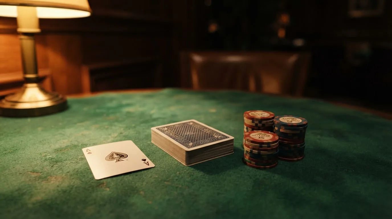 Kortlek och staplar av spelmarker på ett grönt filtbord i en dunkel salong, varmt lampsken — 150 free spins casino i sverige