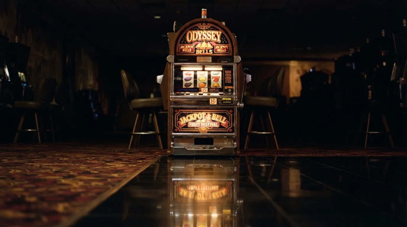 En gammal spelautomat lyser i den dunkla hallen och speglar sig i golvet — 150 kr casino i sverige