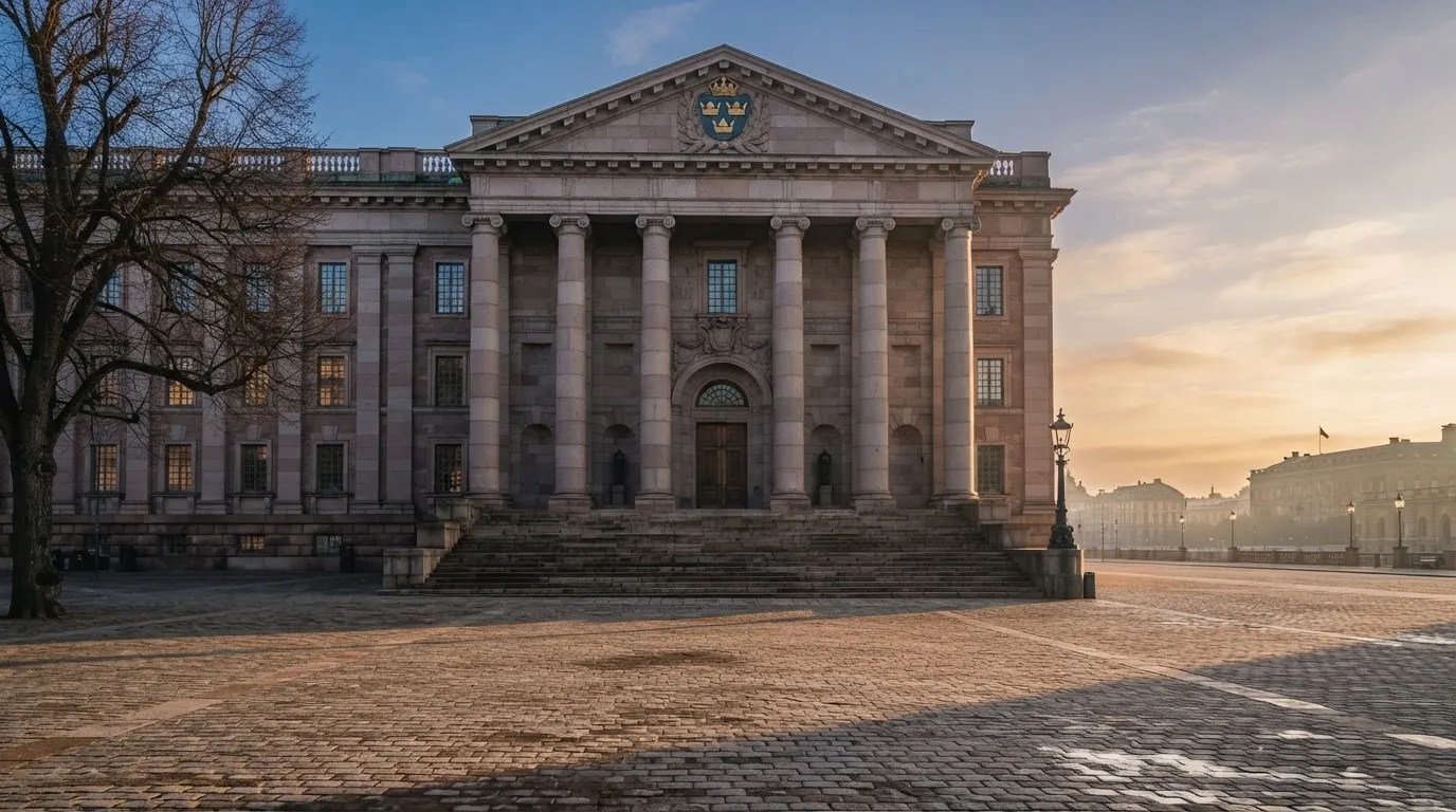 Stenfasad på en statlig byggnad i Stockholm vid gryning, höga pelare och ett tomt torg framför — 150 kr casino i sverige