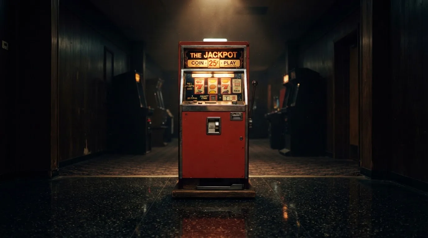 En gammal spelautomat lyser i den dunkla hallen och speglar sig i golvet — 20 euro casino i sverige