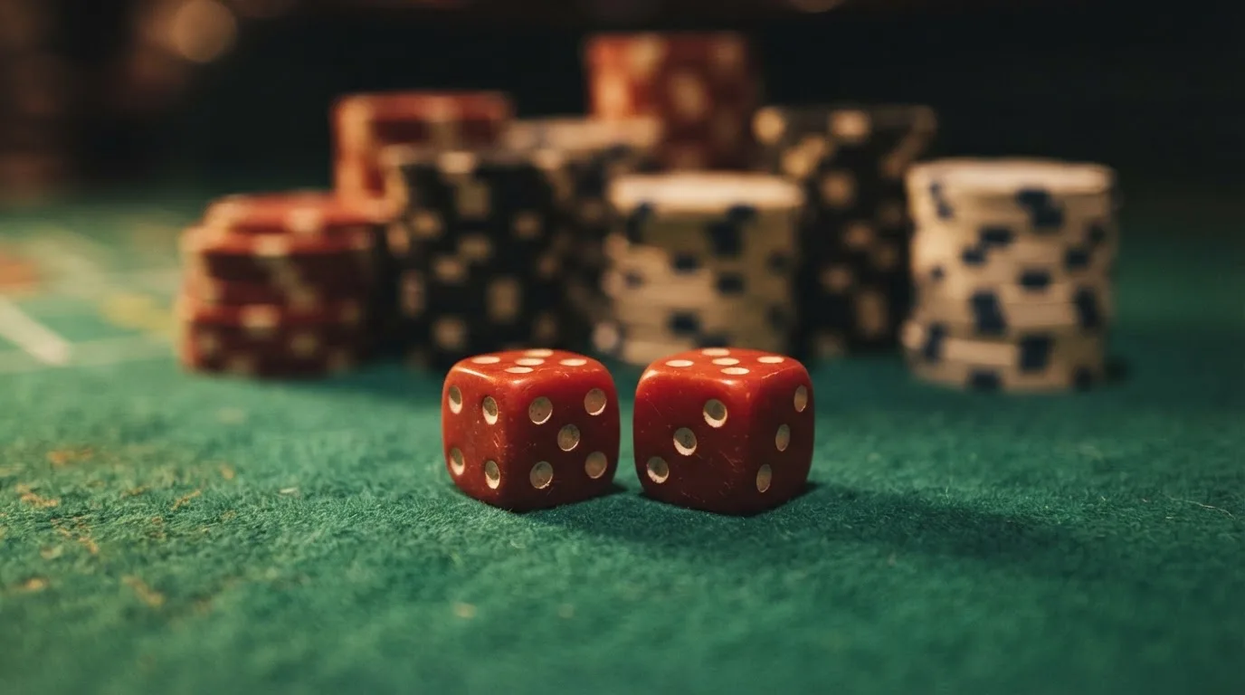Röda tärningar vilar på grönt filt, bakom dem suddiga torn av spelmarker i kvällsdunklet — 20 free spins casino i sverige