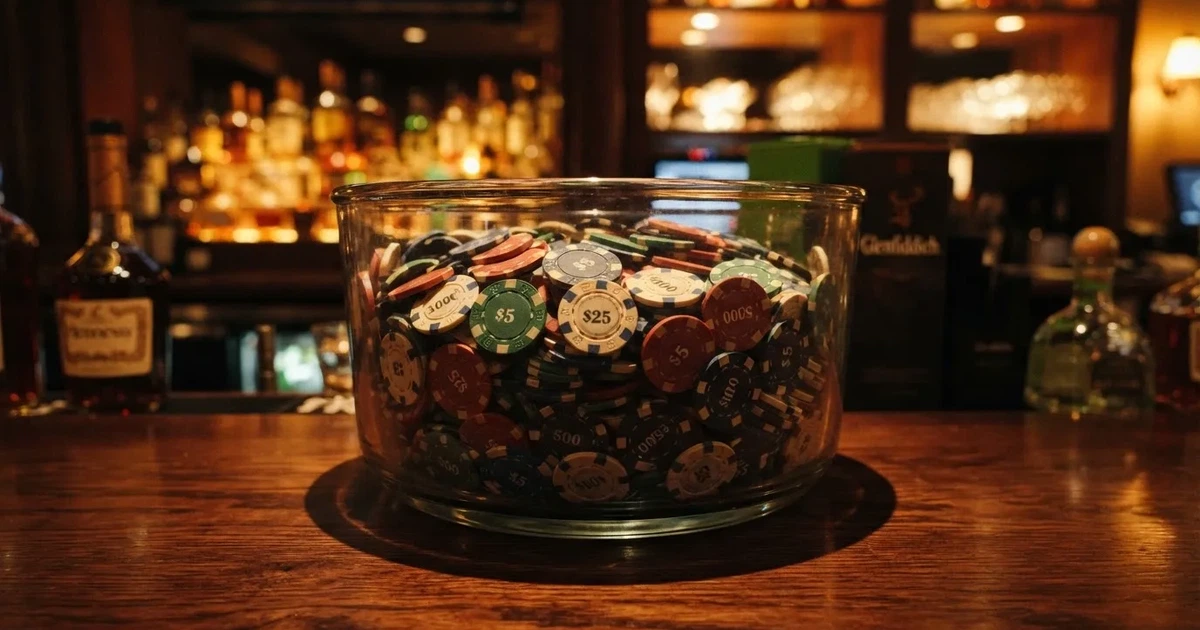 En glasskål full av färgglada spelmarker på en bardisk, flaskor glöder bakom i bärnstensfärg — 20 free spins casino i sverige