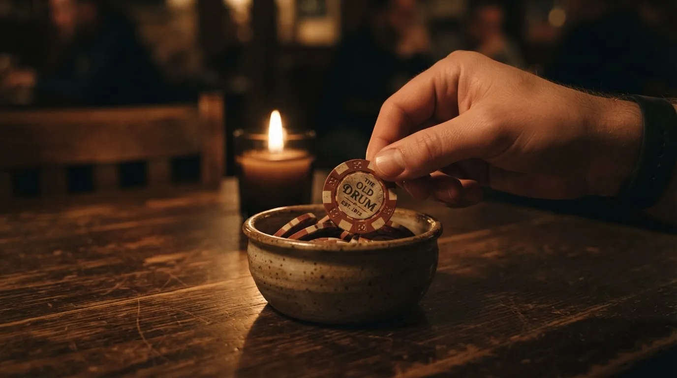 En hand lyfter en spelmark ur en skål, ljuslågan färgar bordet gyllenbrunt — 20 kr casino i sverige