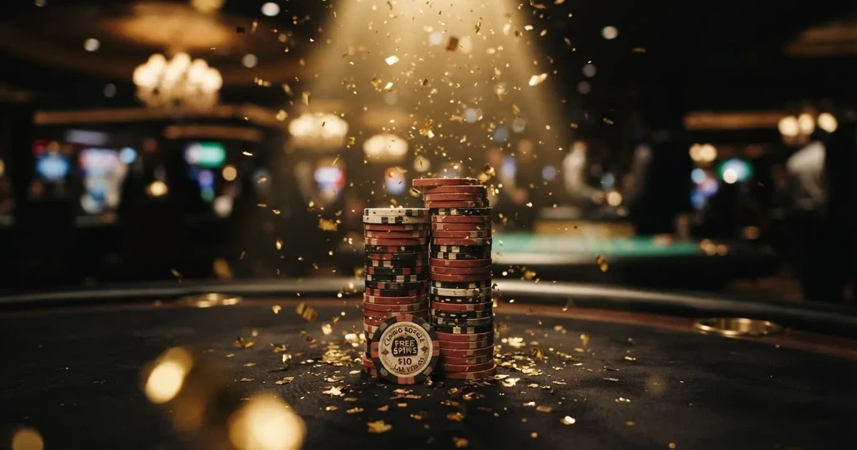 Guldkonfetti faller över spelmarker på ett svart bord, en ljuskägla träffar högens topp — 200 free spins casino i sverige