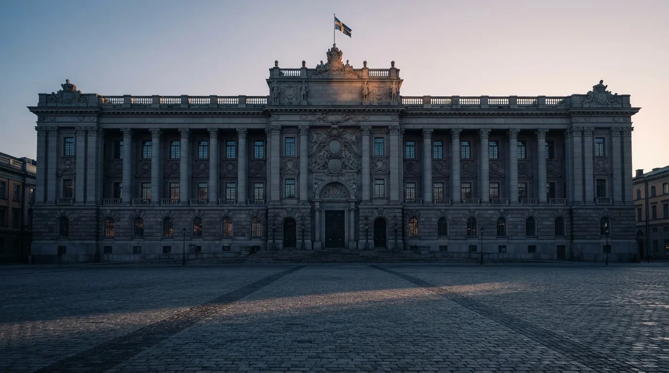 Stenfasad på en statlig byggnad i Stockholm vid gryning, höga pelare och ett tomt torg framför — 200 free spins casino i sverige