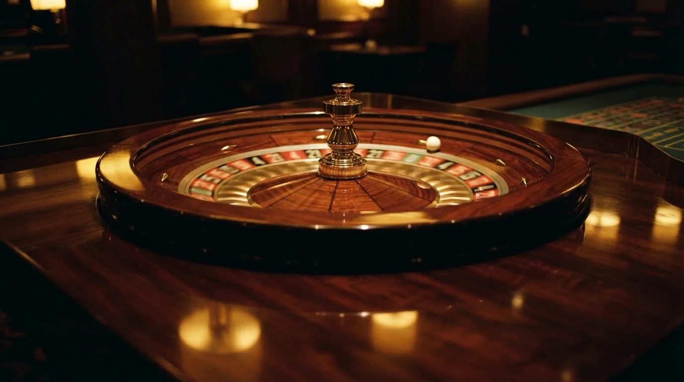 Ett roulettehjul snurrar på ett blankt träbord, den vita kulan glimmar i takljusets guld — 30 free spins casino i sverige