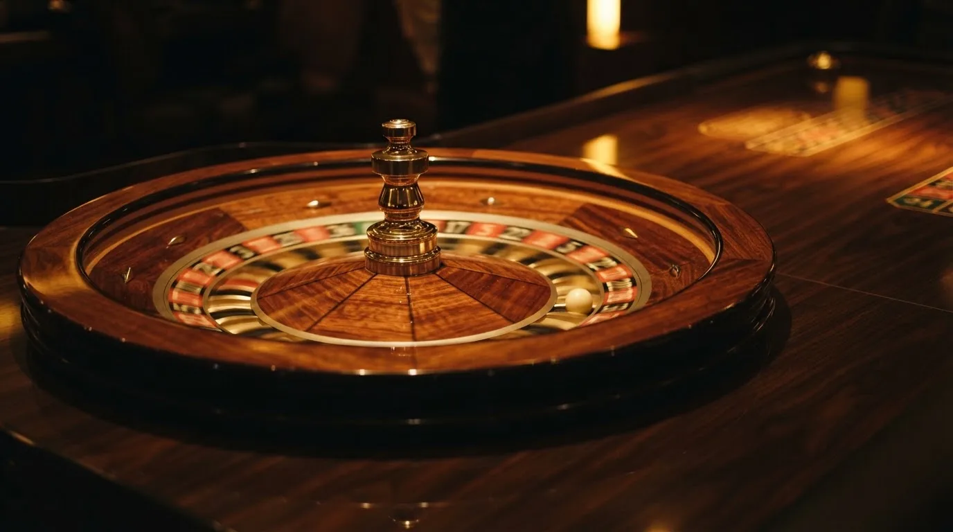 Ett roulettehjul snurrar på ett blankt träbord, den vita kulan glimmar i takljusets guld — 40 free spins casino i sverige
