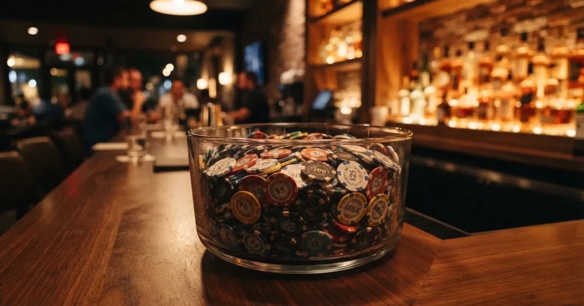 En glasskål full av färgglada spelmarker på en bardisk, flaskor glöder bakom i bärnstensfärg — 40 free spins casino i sverige