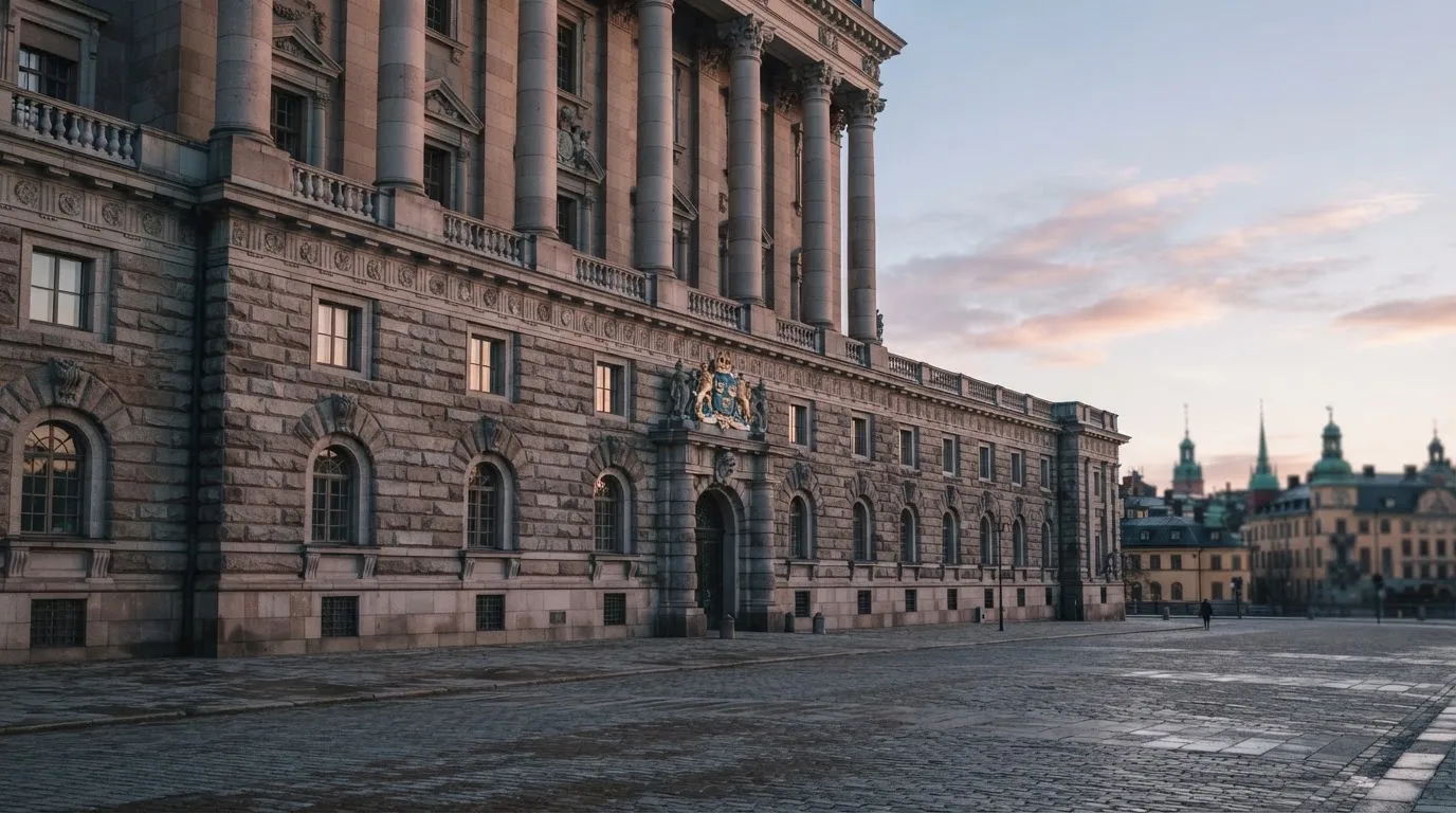 Stenfasad på en statlig byggnad i Stockholm vid gryning, höga pelare och ett tomt torg framför — 40 free spins casino i sverige