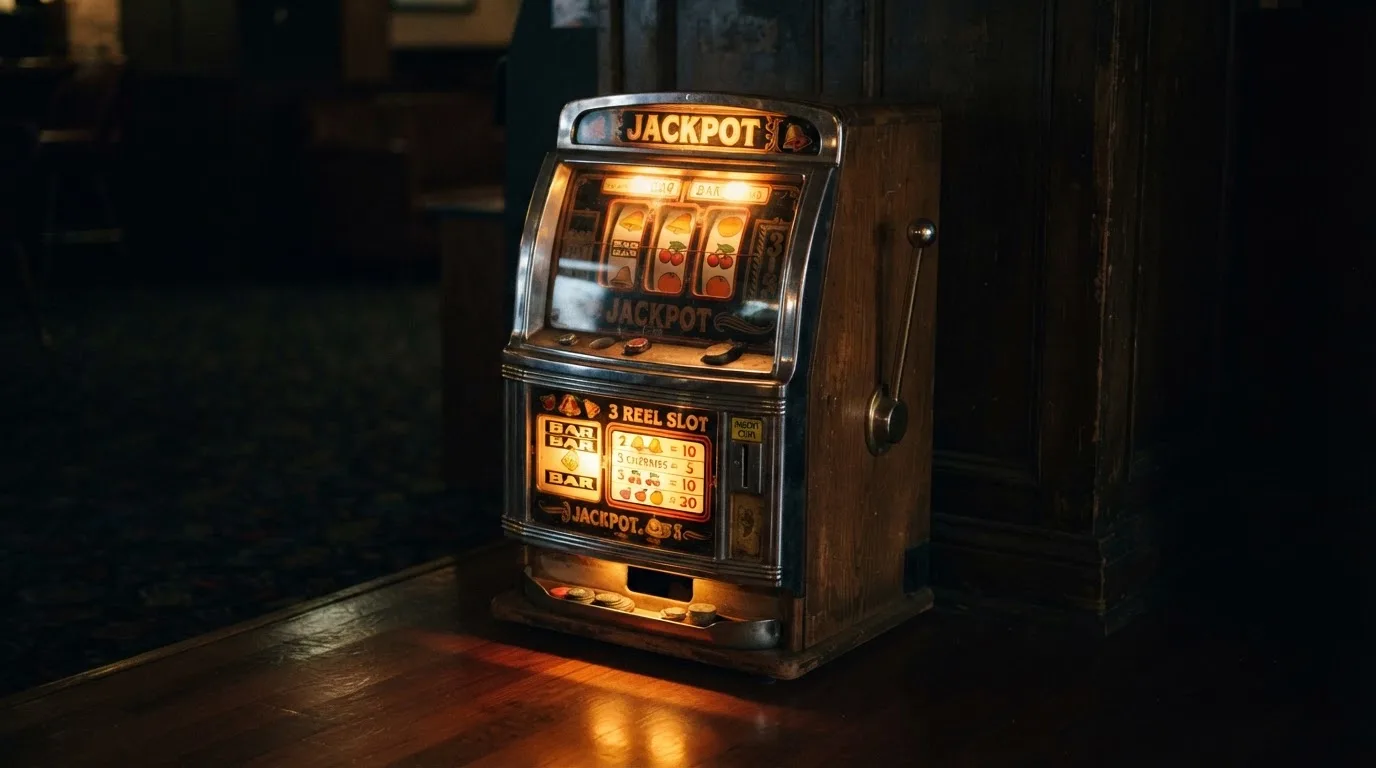 En gammal spelautomat lyser i den dunkla hallen och speglar sig i golvet — 5 euro casino i sverige