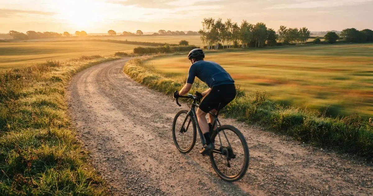 En cyklist susar längs en landsväg vid soluppgång, farten gör åkrarna suddiga i bakgrunden — 5 euro casino i sverige