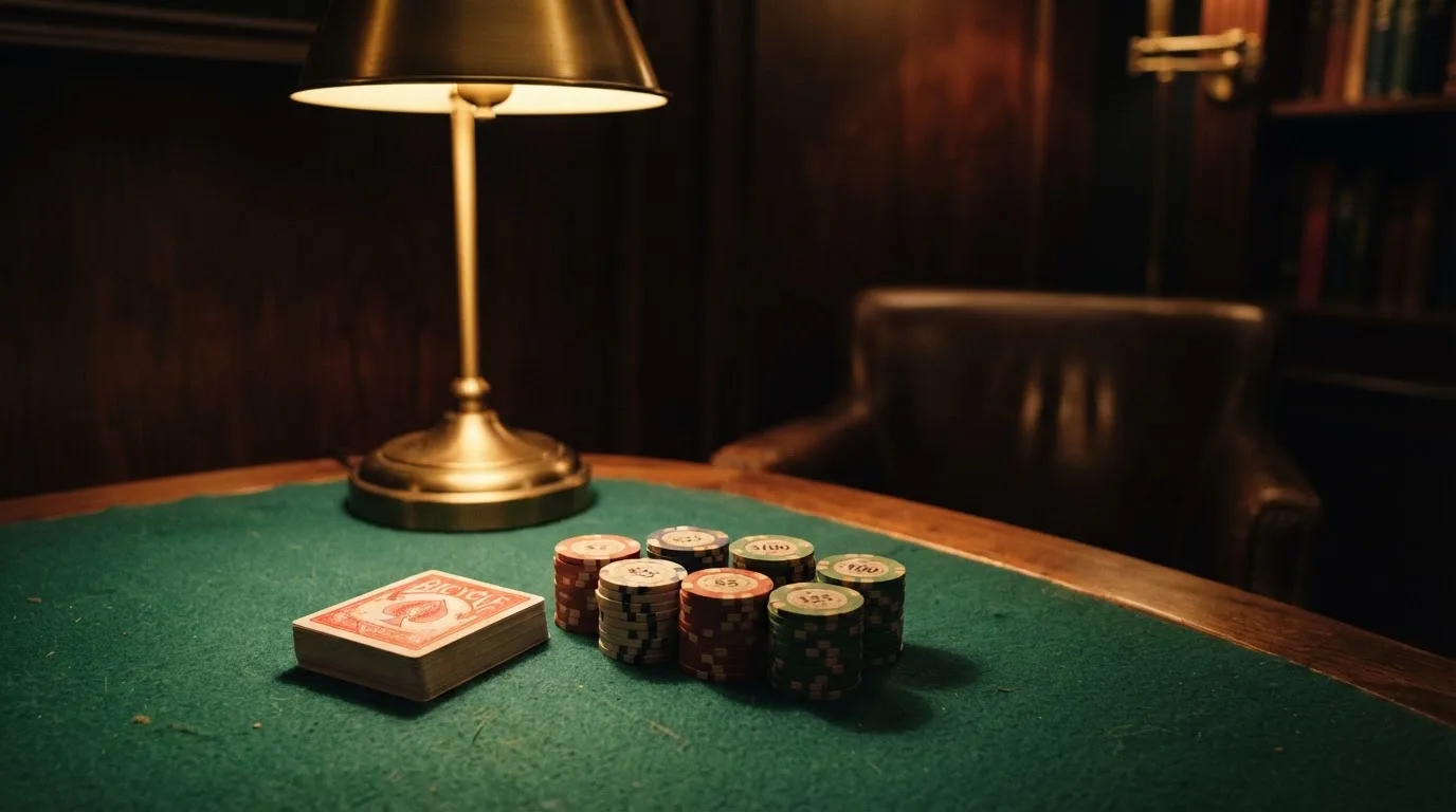 Kortlek och staplar av spelmarker på ett grönt filtbord i en dunkel salong, varmt lampsken — 50 euro casino i sverige
