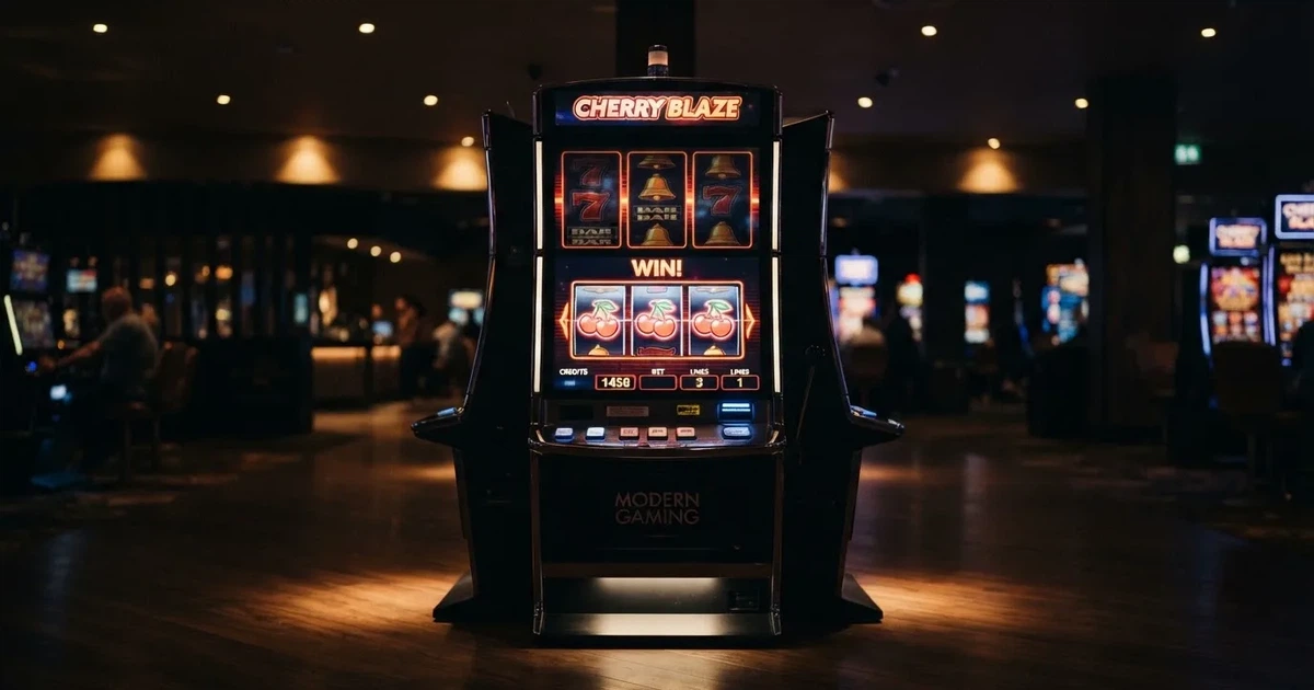 Rullarna på en spelautomat stannar i rad, klarröda körsbär lyser i den mörka spelhallen — 50 free spins casino i sverige