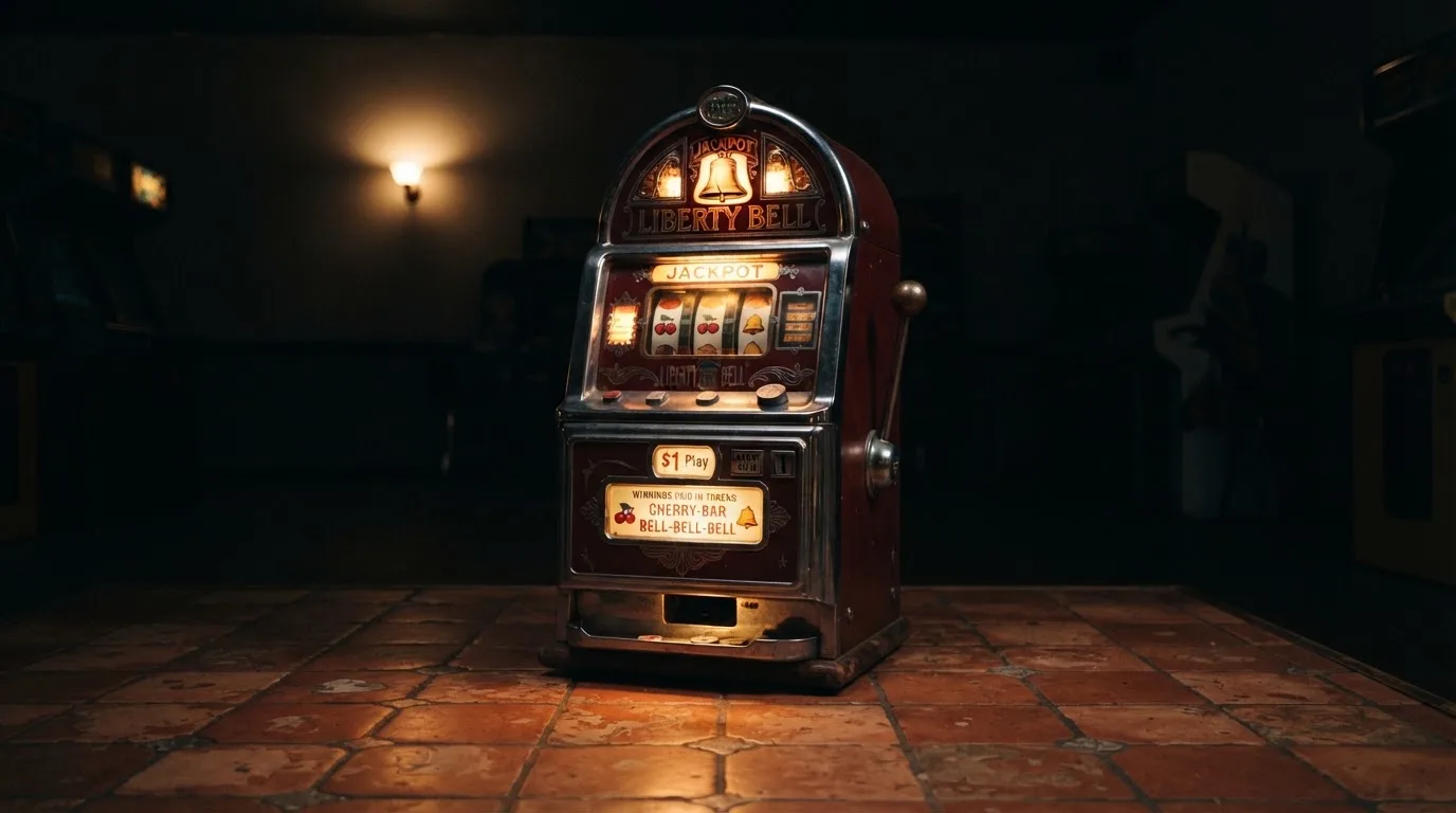 En gammal spelautomat lyser i den dunkla hallen och speglar sig i golvet — bästa kasino i sverige