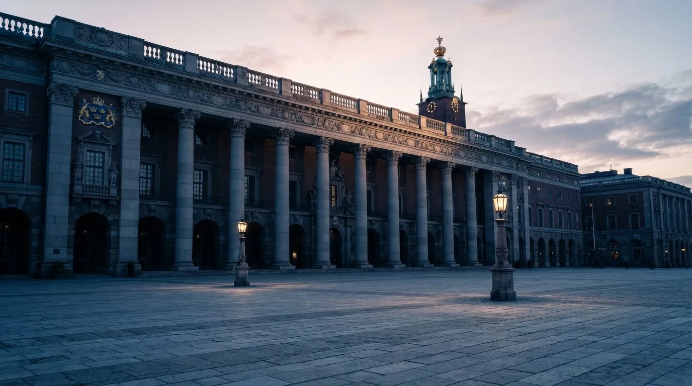 Stenfasad på en statlig byggnad i Stockholm vid gryning, höga pelare och ett tomt torg framför — bästa kasino i sverige