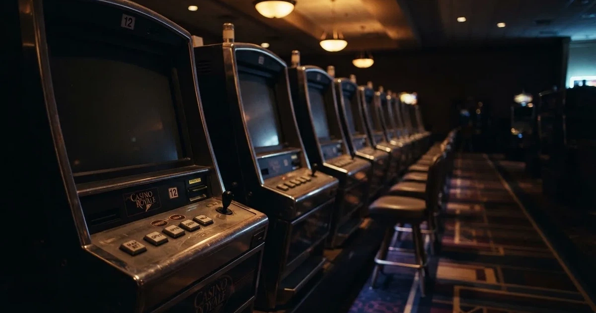 Rader av tomma spelautomater med släckta skärmar står uppställda i ett dimmat rum, fotograferat snett från sidan.