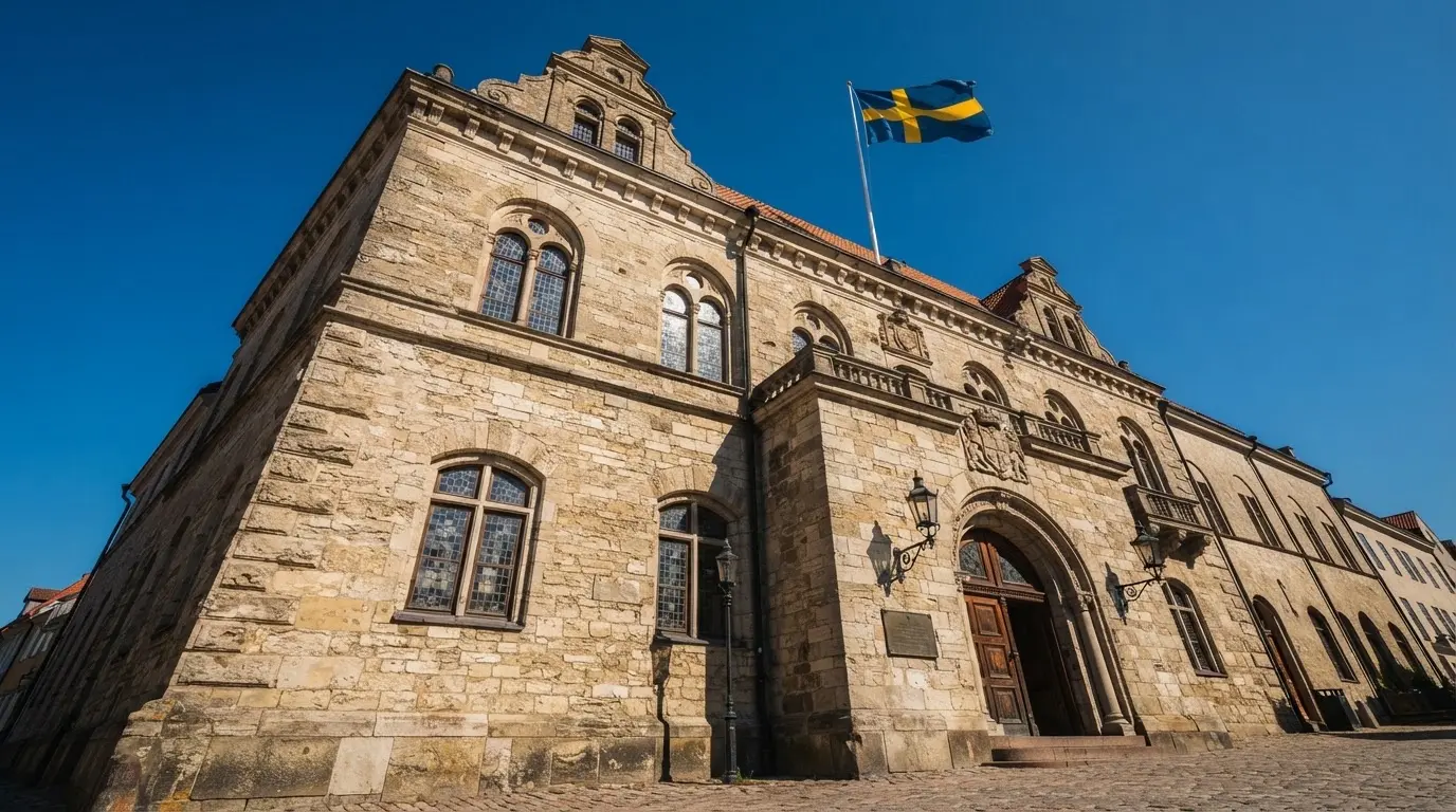 Ett gammalt stadshus i sten fotograferat underifrån mot en klarblå himmel, med den svenska flaggan som fladdrar ovanför entrén.