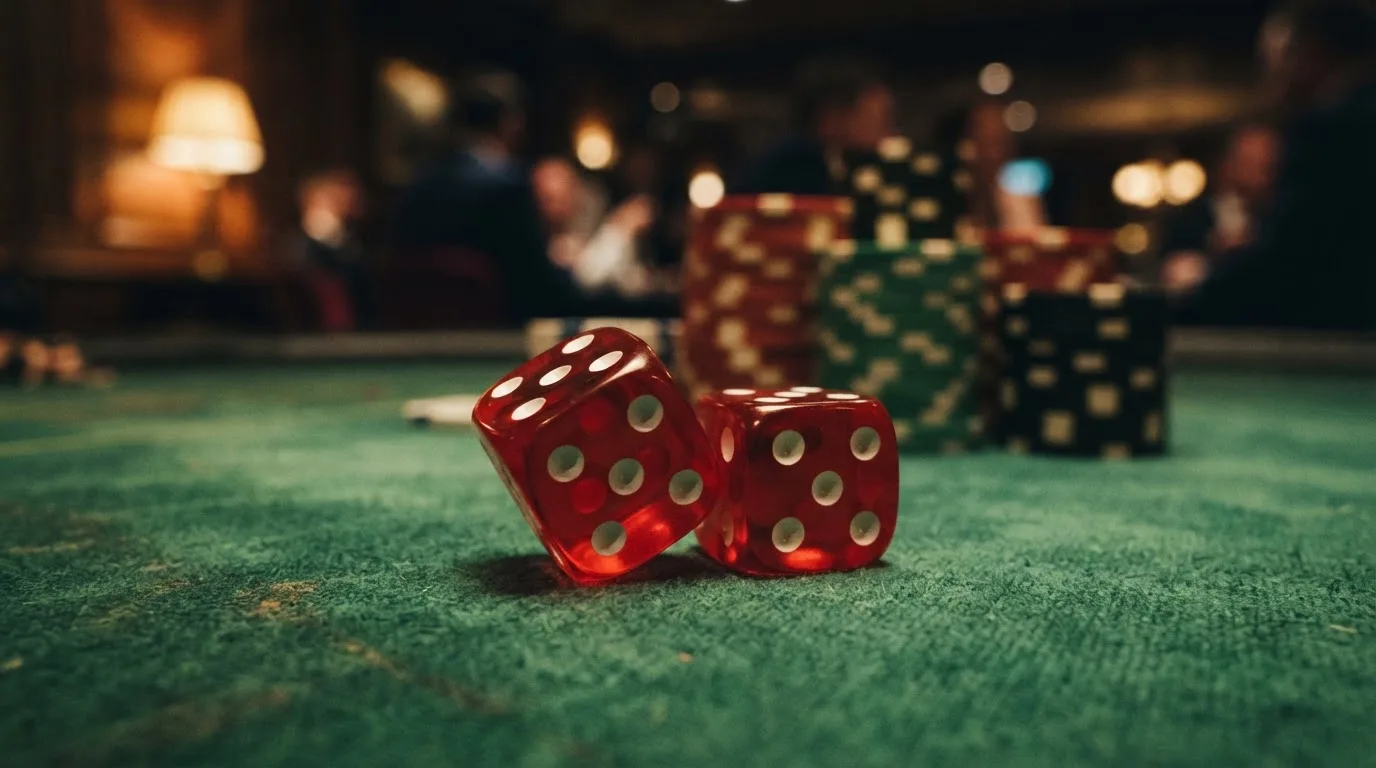 Röda tärningar vilar på grönt filt, bakom dem suddiga torn av spelmarker i kvällsdunklet — betala på casino i sverige