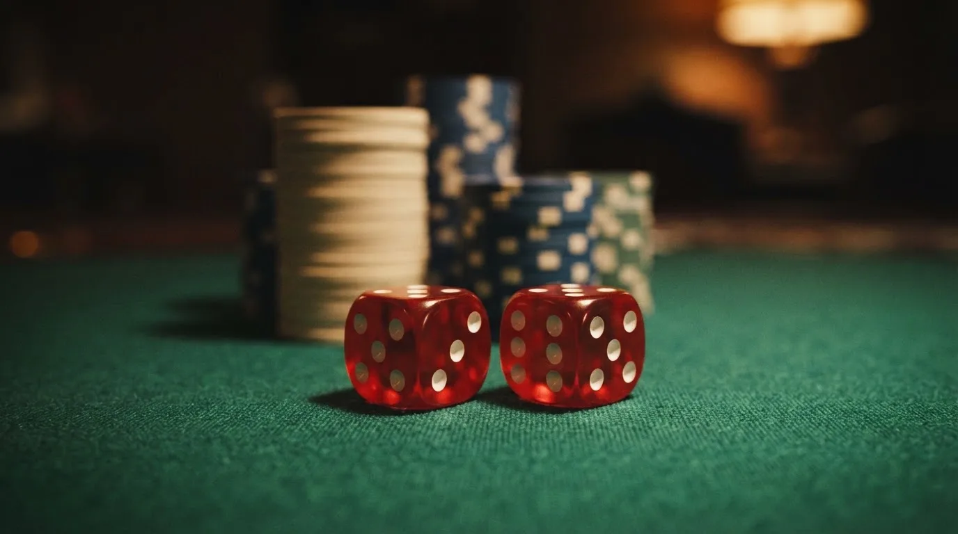 Röda tärningar vilar på grönt filt, bakom dem suddiga torn av spelmarker i kvällsdunklet — blackjack gratis i sverige