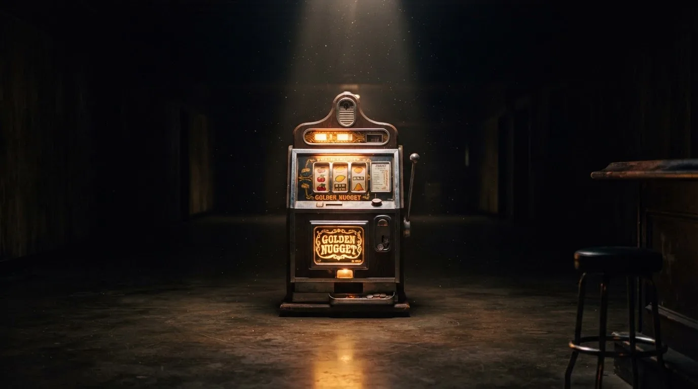 En gammal spelautomat lyser i den dunkla hallen och speglar sig i golvet — blackjack på nätet i sverige