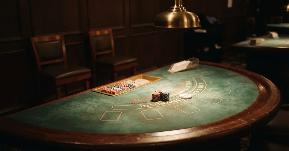 Ett ovalt pokerbord under en lågt hängande lampa, med spelmarker och en vit bricka i ljuset — blackjack på nätet i sverige