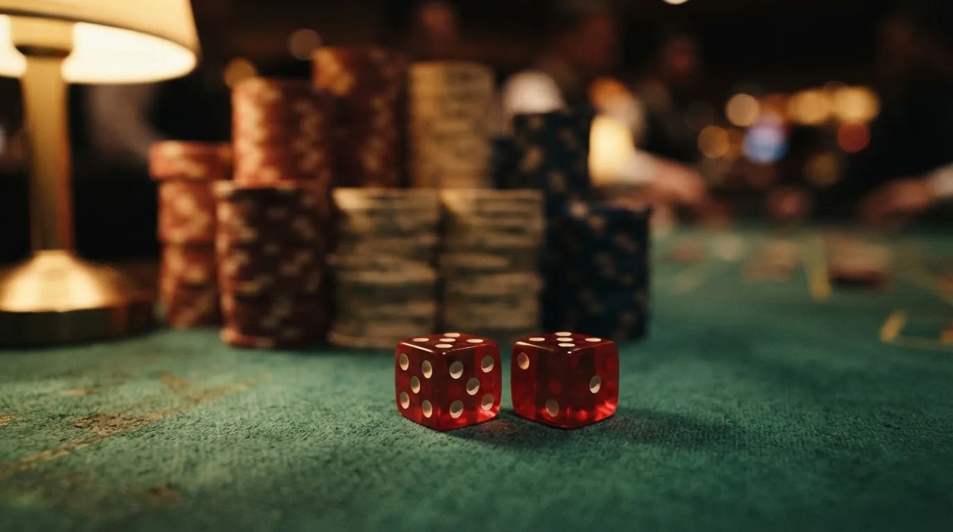 Röda tärningar vilar på grönt filt, bakom dem suddiga torn av spelmarker i kvällsdunklet — bra svenska casinon