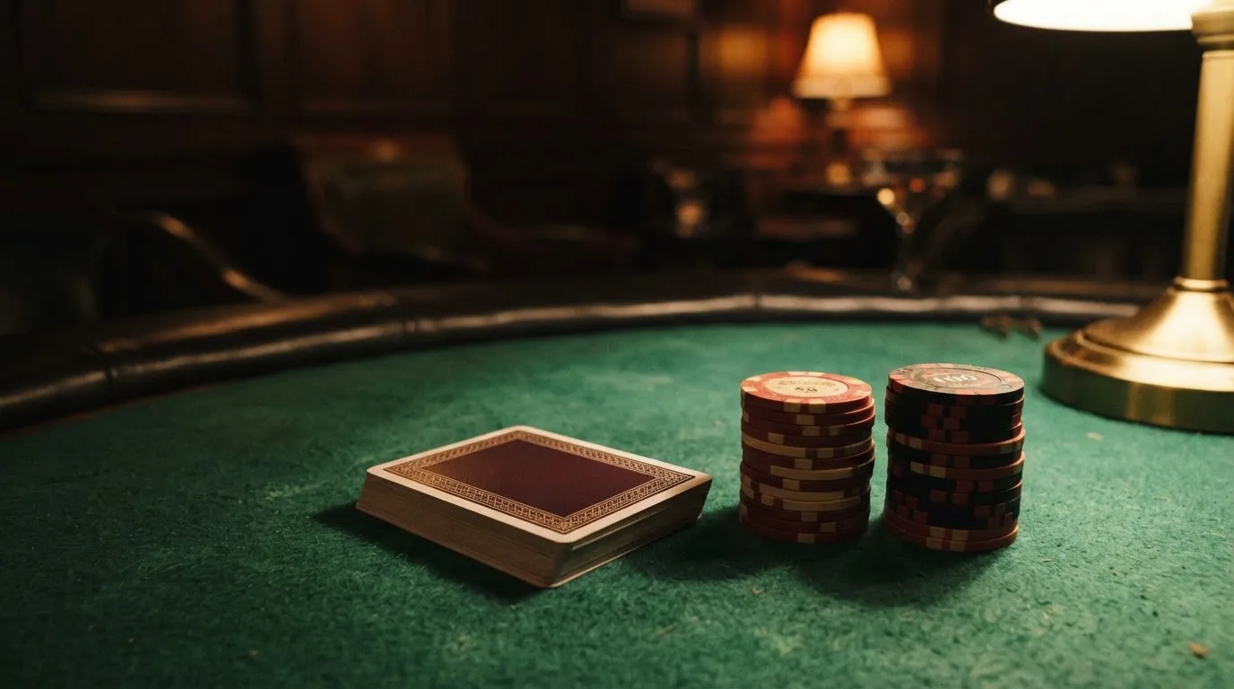 Kortlek och staplar av spelmarker på ett grönt filtbord i en dunkel salong, varmt lampsken — cashback på casino i sverige