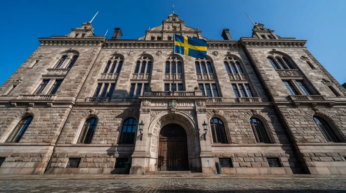 Ett gammalt stadshus i sten fotograferat underifrån mot en klarblå himmel, med den svenska flaggan som fladdrar ovanför entrén.