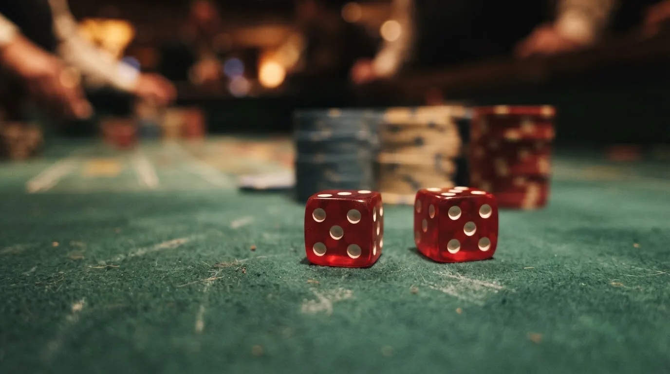Röda tärningar vilar på grönt filt, bakom dem suddiga torn av spelmarker i kvällsdunklet — casino erbjudanden i sverige