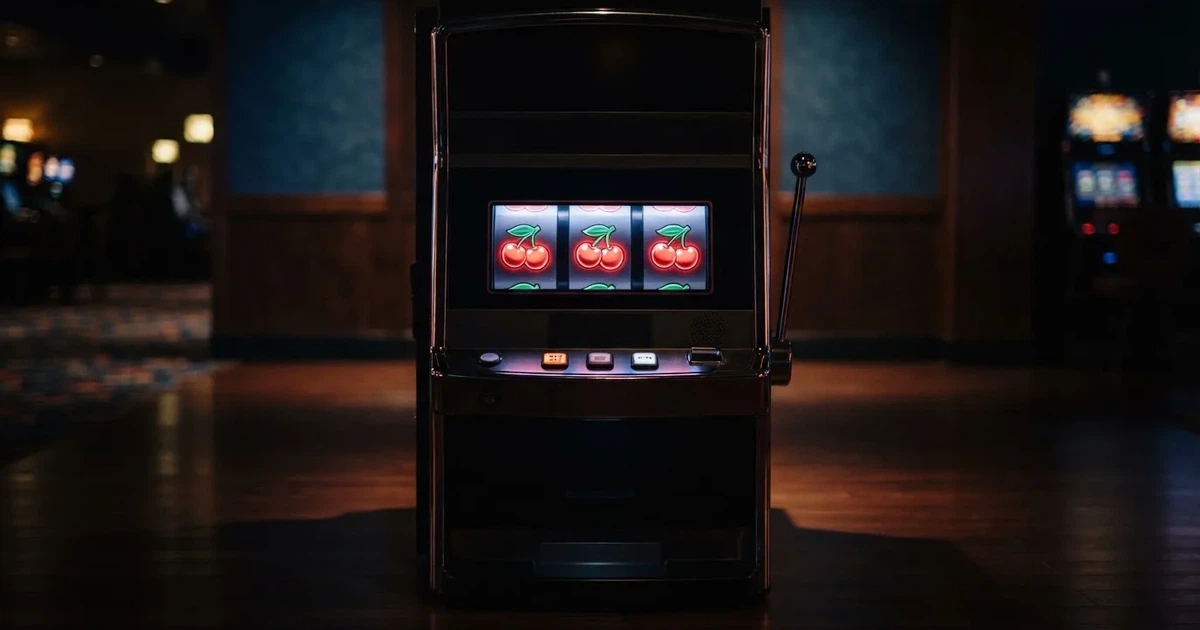 Rullarna på en spelautomat stannar i rad, klarröda körsbär lyser i den mörka spelhallen — casino erbjudanden i sverige