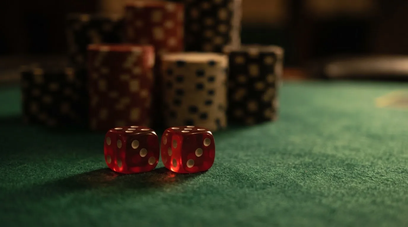 Röda tärningar vilar på grönt filt, bakom dem suddiga torn av spelmarker i kvällsdunklet — casino guider för svenskar