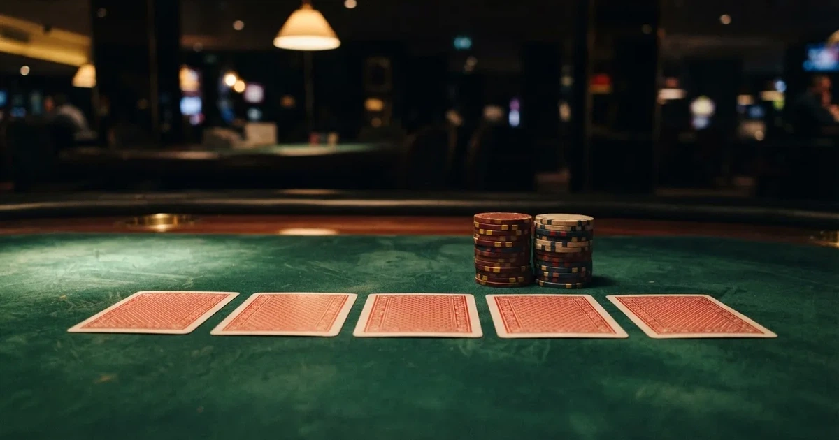 Kort delade med framsidan nedåt på grönt filt, marker väntar bredvid i varmt ljus — casino guider för svenskar