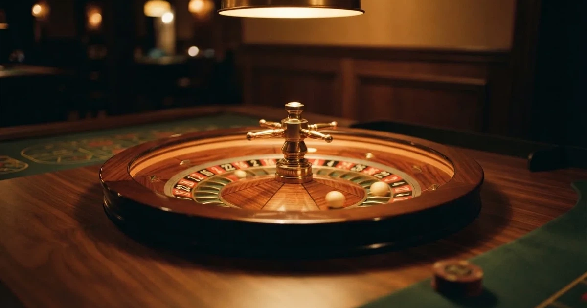 Ett roulettehjul snurrar på ett blankt träbord, den vita kulan glimmar i takljusets guld — casinon för riktiga pengar