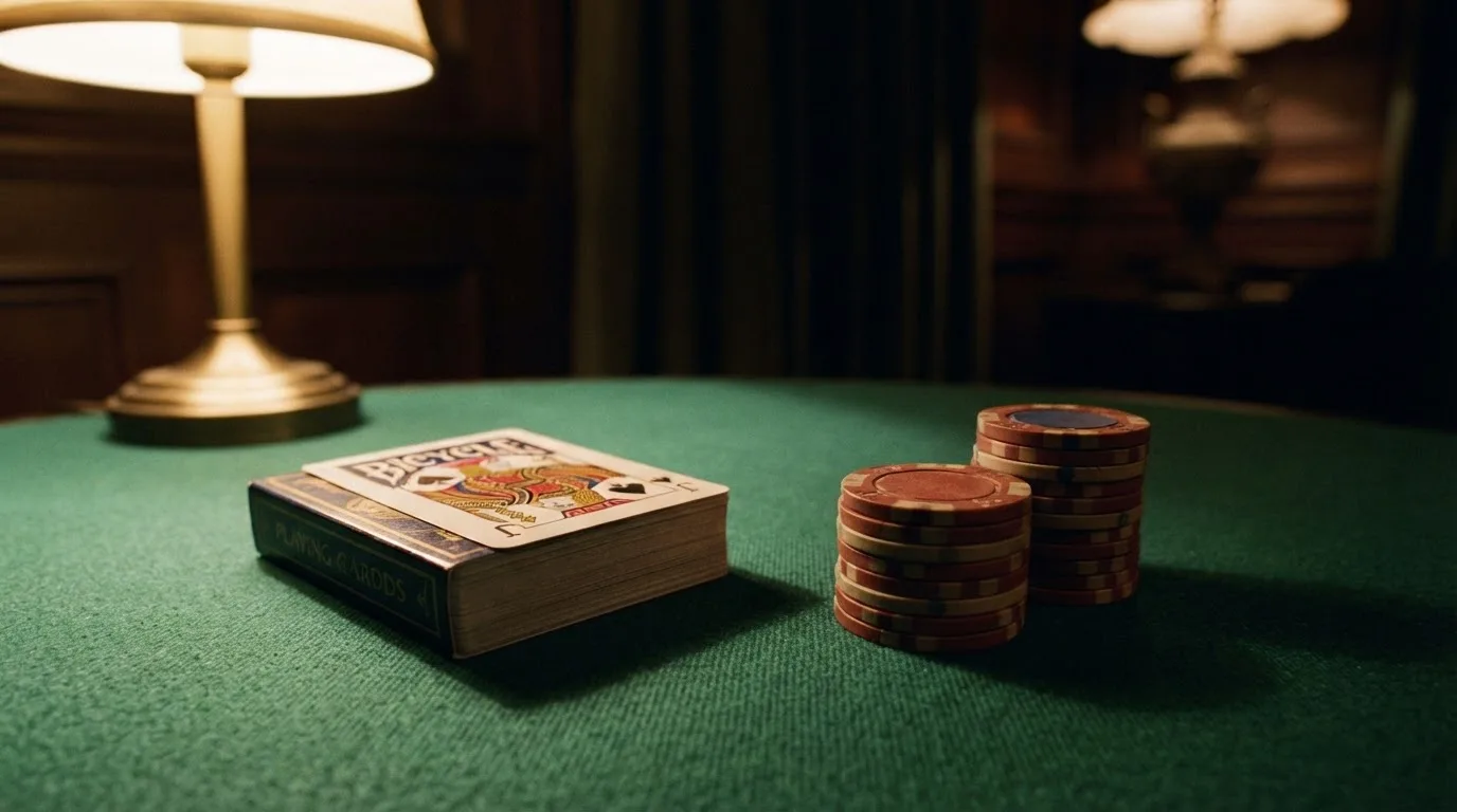 Kortlek och staplar av spelmarker på ett grönt filtbord i en dunkel salong, varmt lampsken — casinon med baccarat i sverige