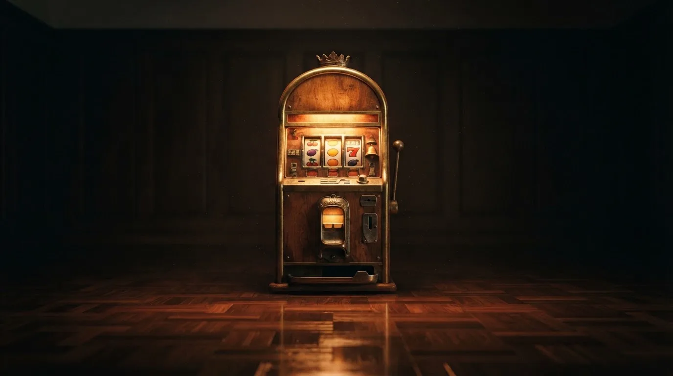 En gammal spelautomat lyser i den dunkla hallen och speglar sig i golvet — casinon med bankid i sverige
