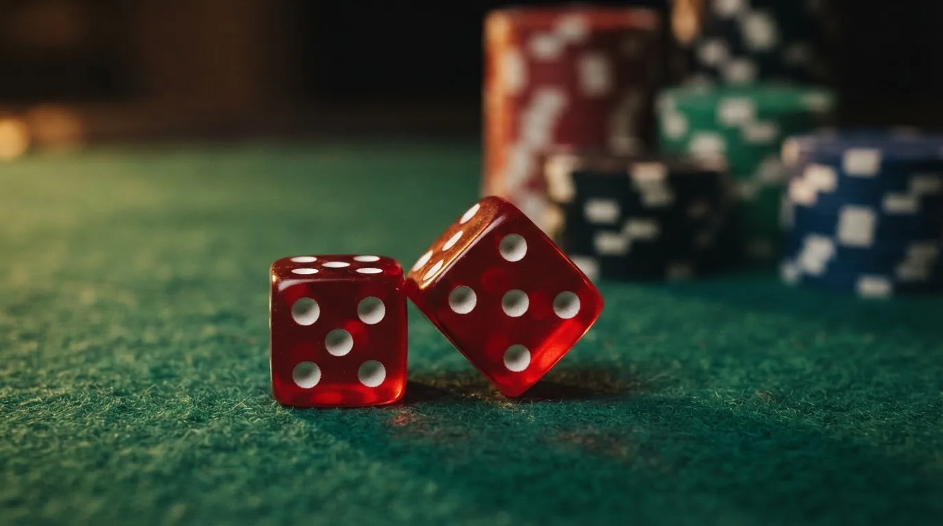 Röda tärningar vilar på grönt filt, bakom dem suddiga torn av spelmarker i kvällsdunklet — casinon med bingo i sverige