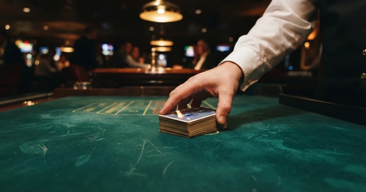Croupierens händer blandar kort på grönt filt, taklampan speglas i den blanka kortbunten — casinon med bingo i sverige