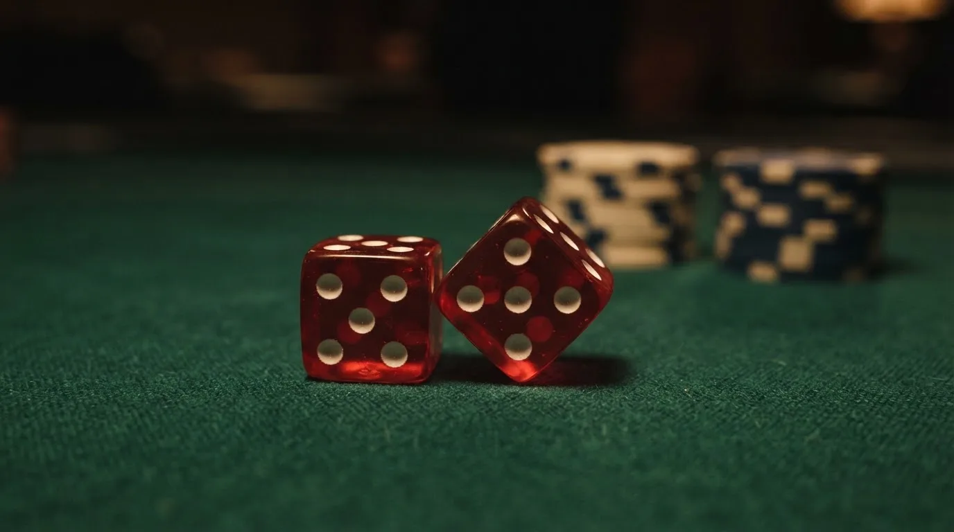Röda tärningar vilar på grönt filt, bakom dem suddiga torn av spelmarker i kvällsdunklet — casinon med craps i sverige