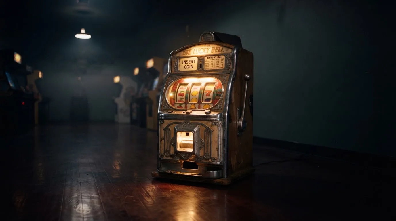 En gammal spelautomat lyser i den dunkla hallen och speglar sig i golvet — casinon med curaçao licens