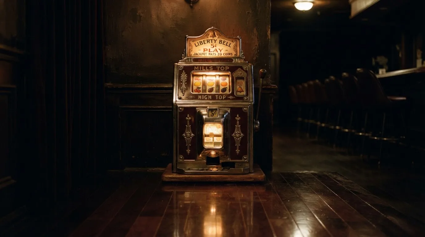 En gammal spelautomat lyser i den dunkla hallen och speglar sig i golvet — casinon med gratis spins i sverige