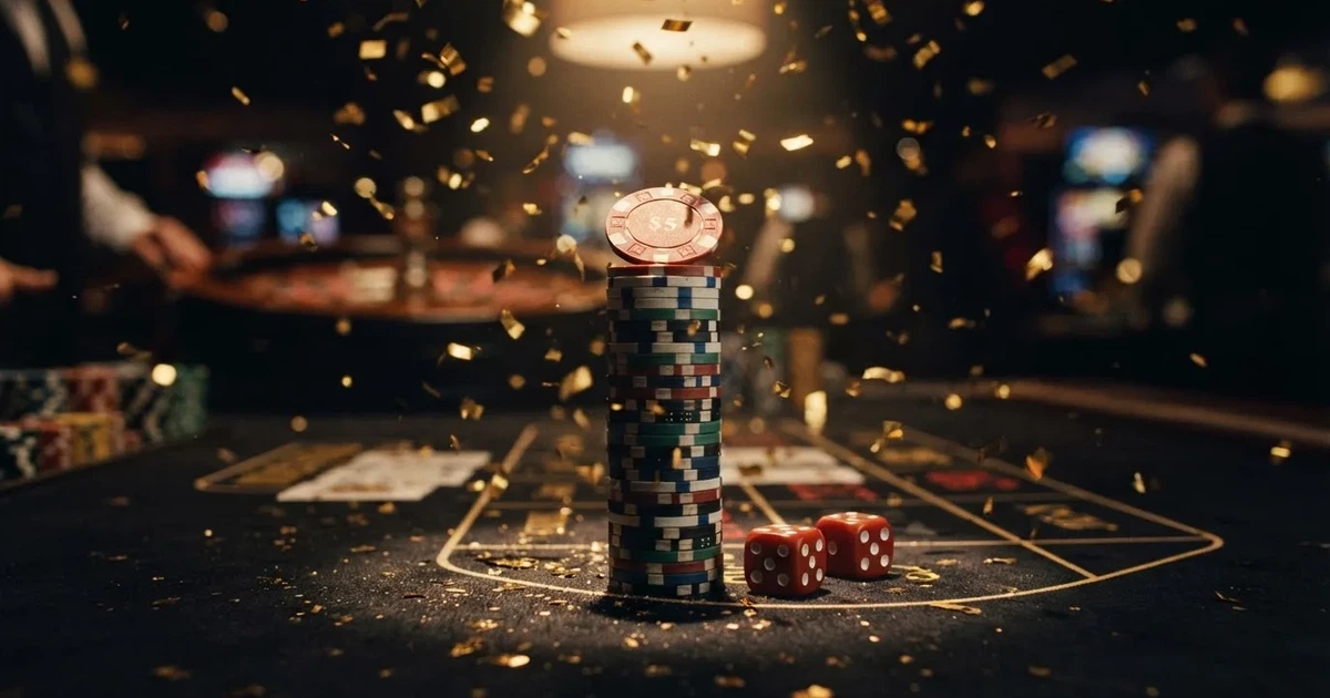 Guldkonfetti faller över spelmarker på ett svart bord, en ljuskägla träffar högens topp — casinon med gratis spins i sverige