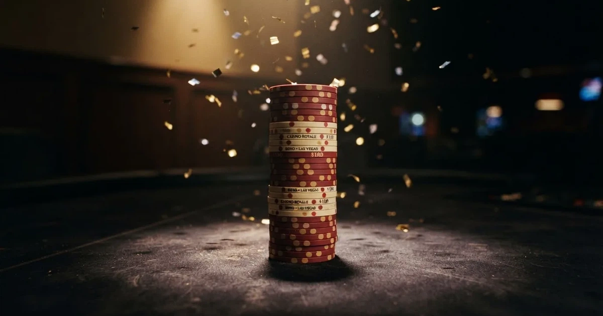 Guldkonfetti faller över spelmarker på ett svart bord, en ljuskägla träffar högens topp — casinon med gratissnurr
